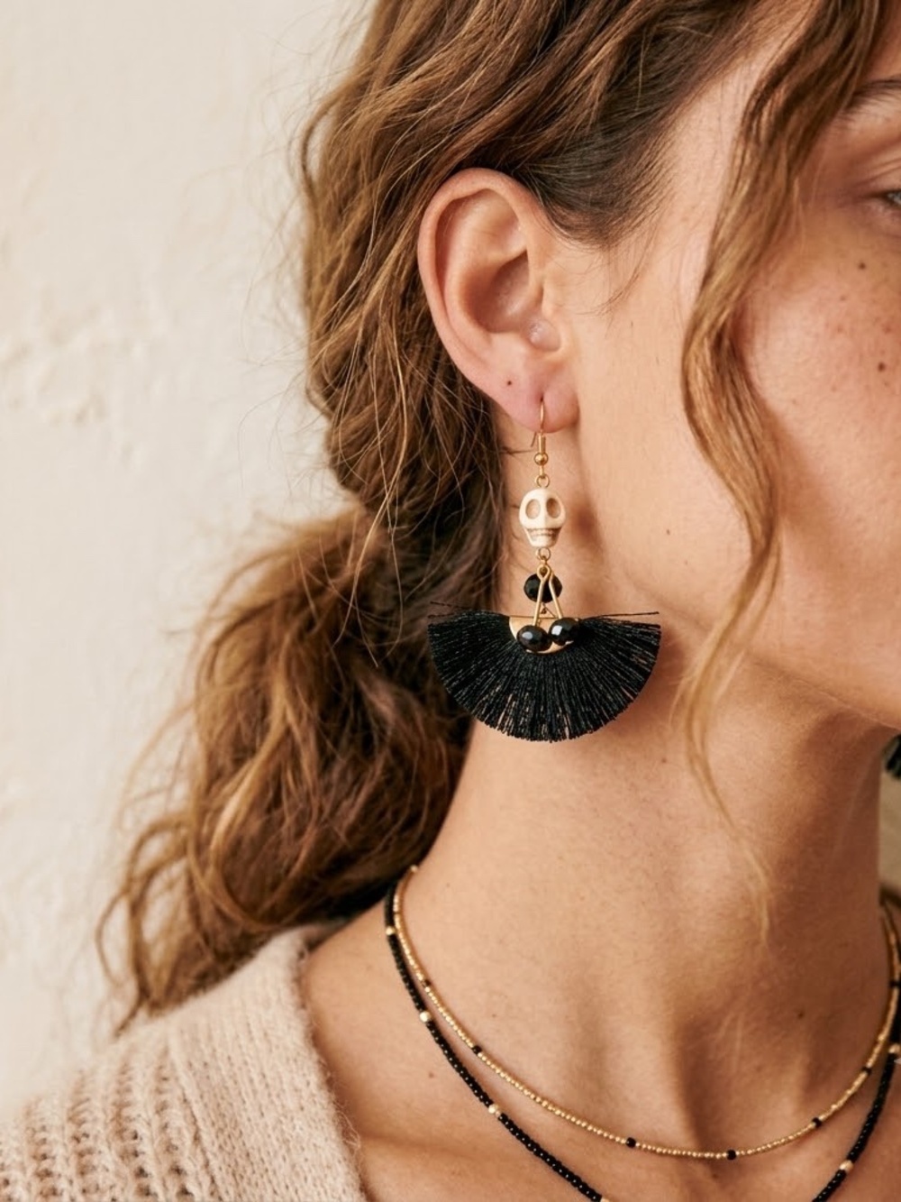 Vintage Black Fan Fringe Dangle Earrings With Dancing Skeleton Skulls